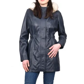Women's Long Real Leather Coat Detachable Hood with Fur Blue Aerify