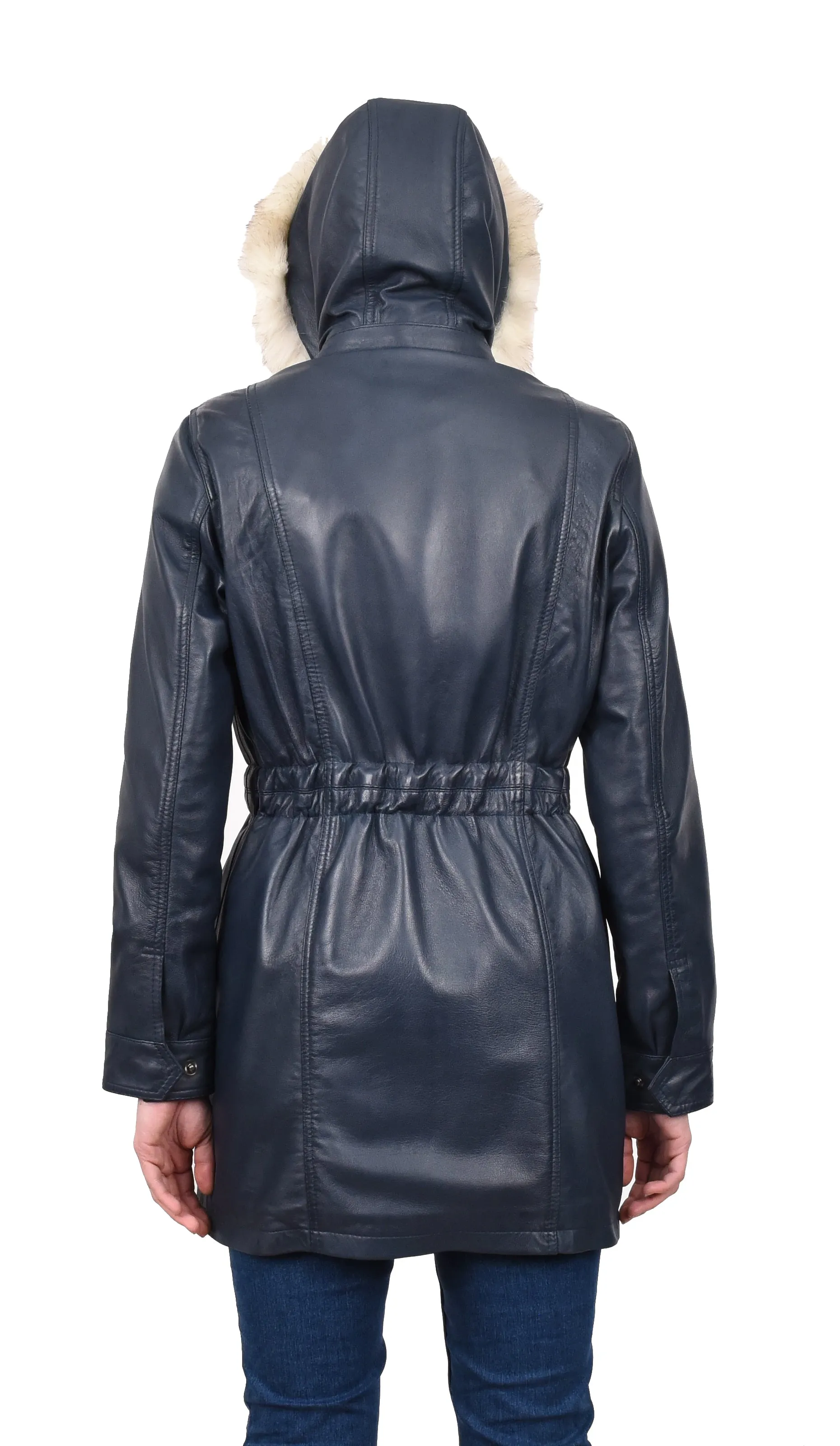 Women's Long Real Leather Coat Detachable Hood with Fur Blue Aerify
