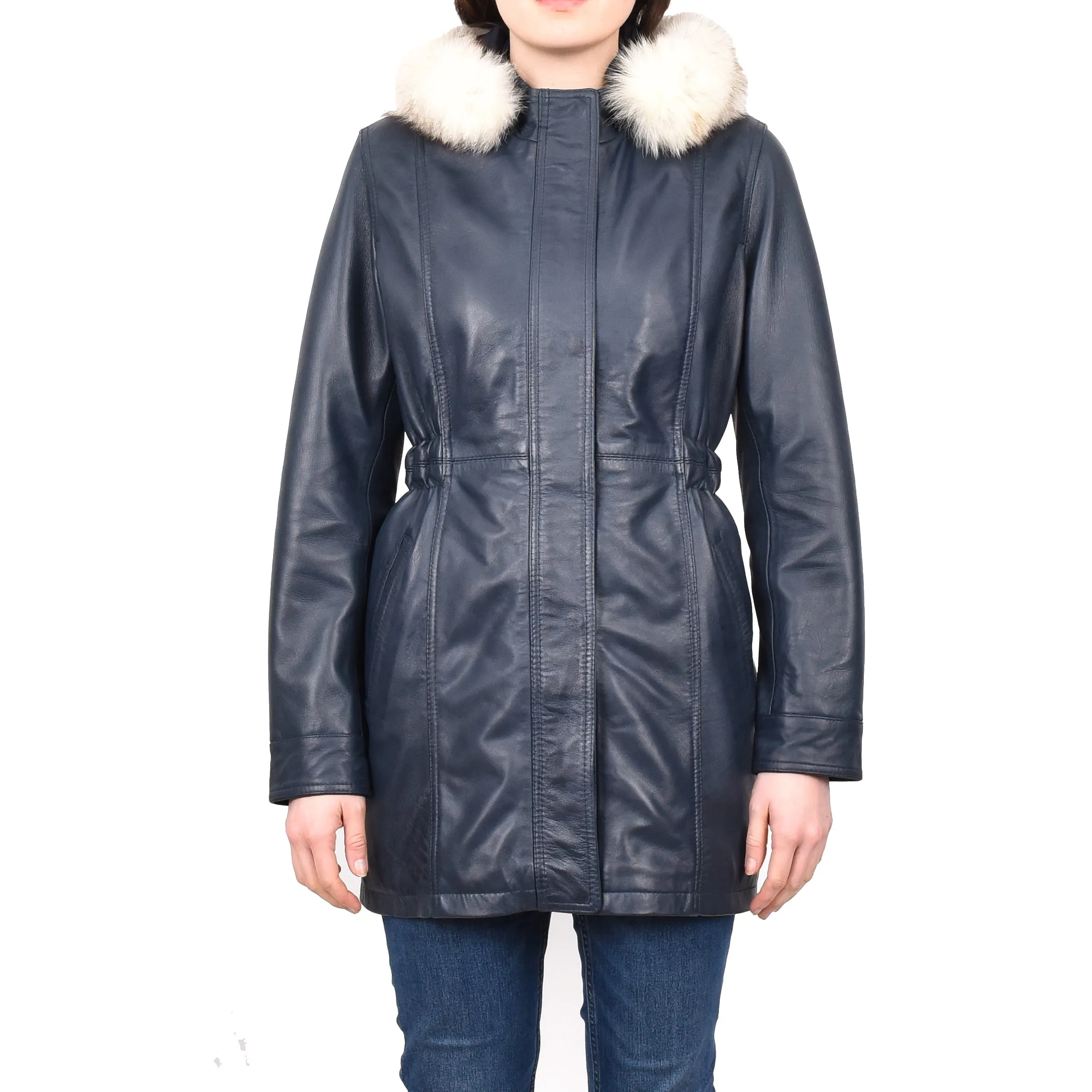 Women's Long Real Leather Coat Detachable Hood with Fur Blue Aerify