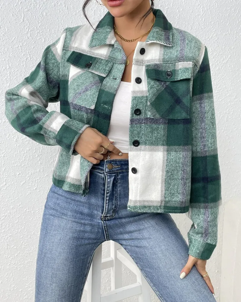 Zeagoo Flannels for Women Cropped Shacket Jacket Fashion Plaid Button Down Shirt 2023 Fall Coat Tops