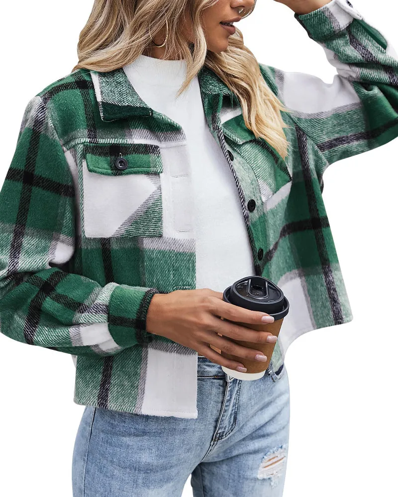 Zeagoo Flannels for Women Cropped Shacket Jacket Fashion Plaid Button Down Shirt 2023 Fall Coat Tops