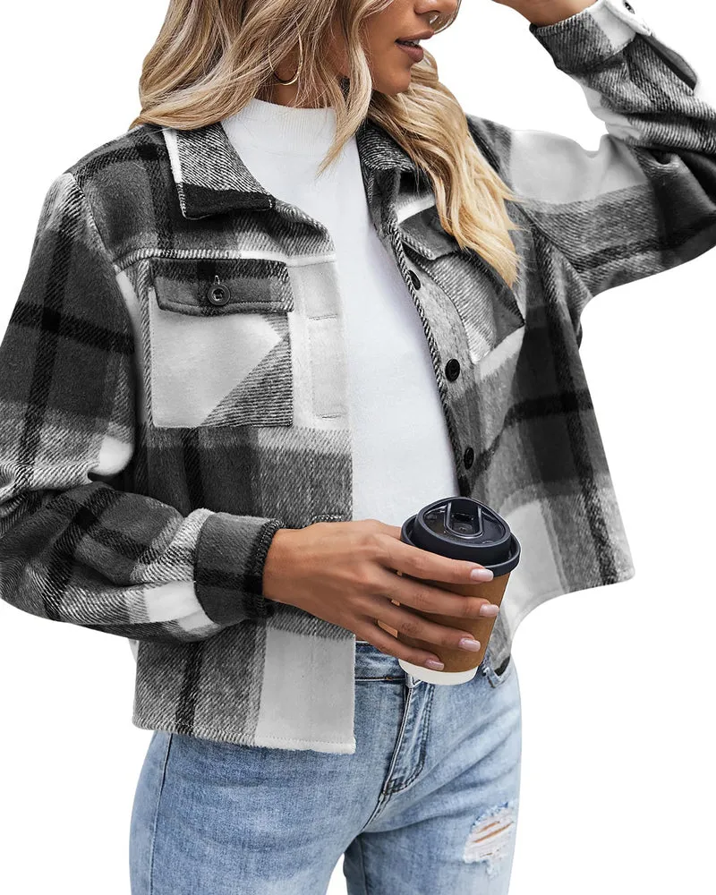 Zeagoo Flannels for Women Cropped Shacket Jacket Fashion Plaid Button Down Shirt 2023 Fall Coat Tops