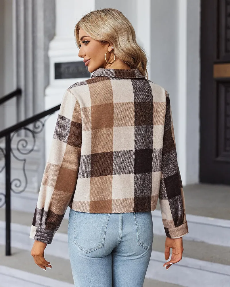 Zeagoo Flannels for Women Cropped Shacket Jacket Fashion Plaid Button Down Shirt 2023 Fall Coat Tops