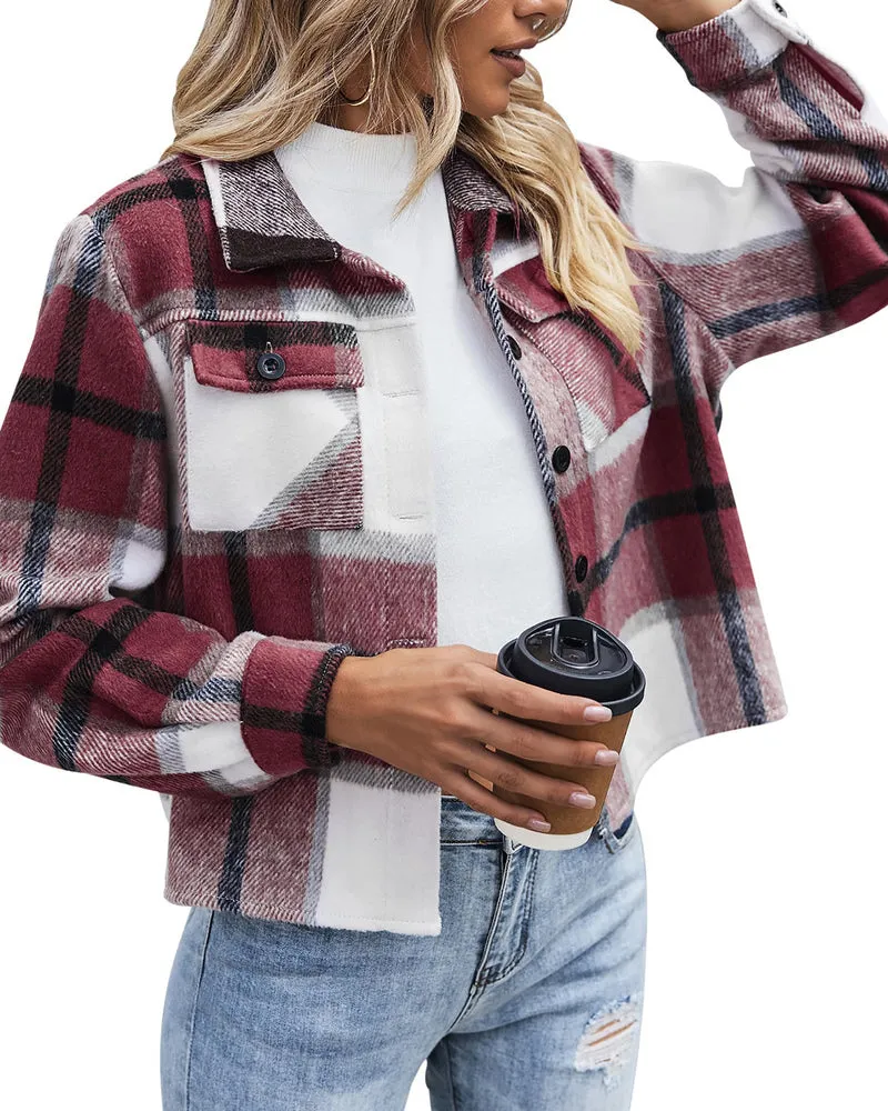 Zeagoo Flannels for Women Cropped Shacket Jacket Fashion Plaid Button Down Shirt 2023 Fall Coat Tops